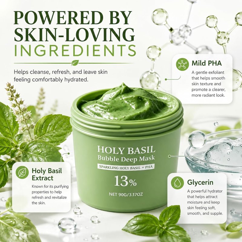 Holy Basil Bubble Deep Mask - Clay-to-Foam Facial Mask with PHA & Extract | Gentle Cleansing & Hydrating 90g (Green)