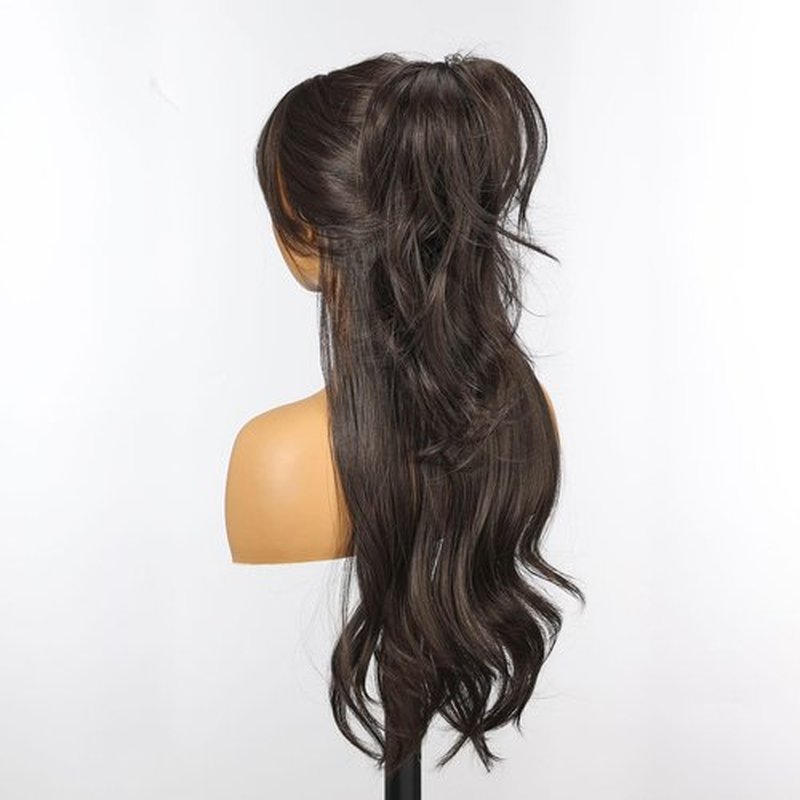 KOME Black Brown Wigs with Bangs,Brown Long Wavy Wig for Women,Long Curly Wigs Dark Roots Synthetic Hair Wig for Party Daily Use 24IN