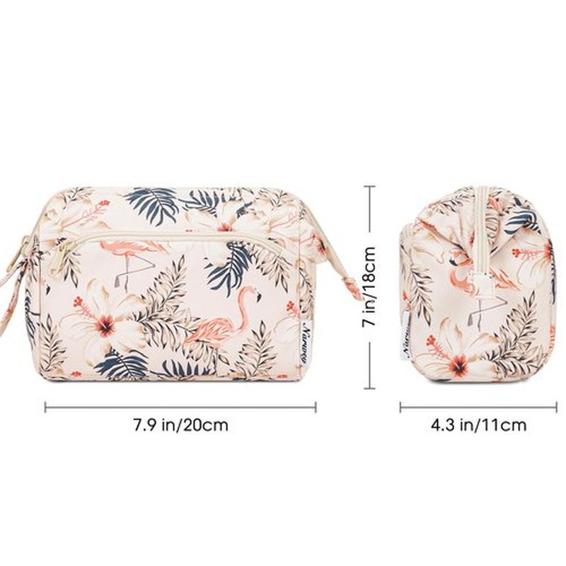Narwey Large Women Makeup Bag Wide-open Make up Bag Travel Cosmetic Organizer Toiletry Bag for Cosmetics Toiletries Accessories (Beige Flamingo)