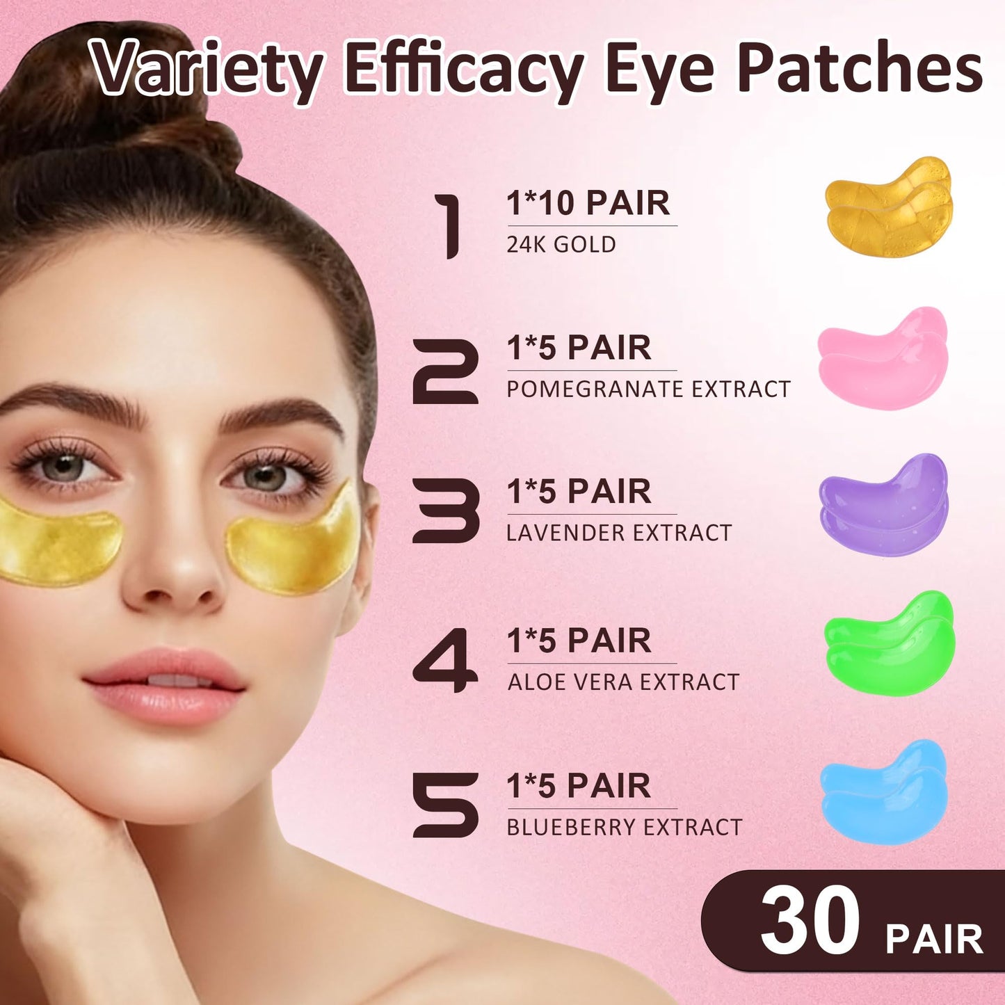 Amouy Eye Mask,30 Pairs for Dark Circles, Puffy Eyes, Undereye Bags,Wrinkles,Eye Mask with 24K Gold,Lavender, Blueberry, Pomegranate&Aloe Vera, Eye Treatment Skin Care for Men & Women Gift