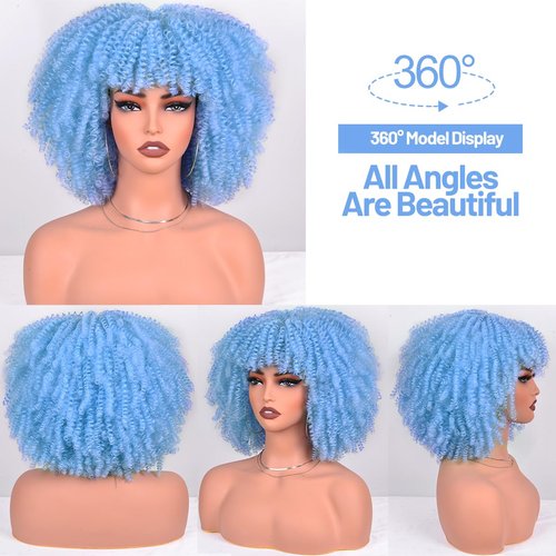 Vitorish Short Kinky Curly Wigs for Black Women 12 Inches about 280g/Piece Curly Afro Wig with Bangs Full Machine Made Blue Afro Wig Bouncy Fluffy Synthetic Cosplay Wig (Light Blue)
