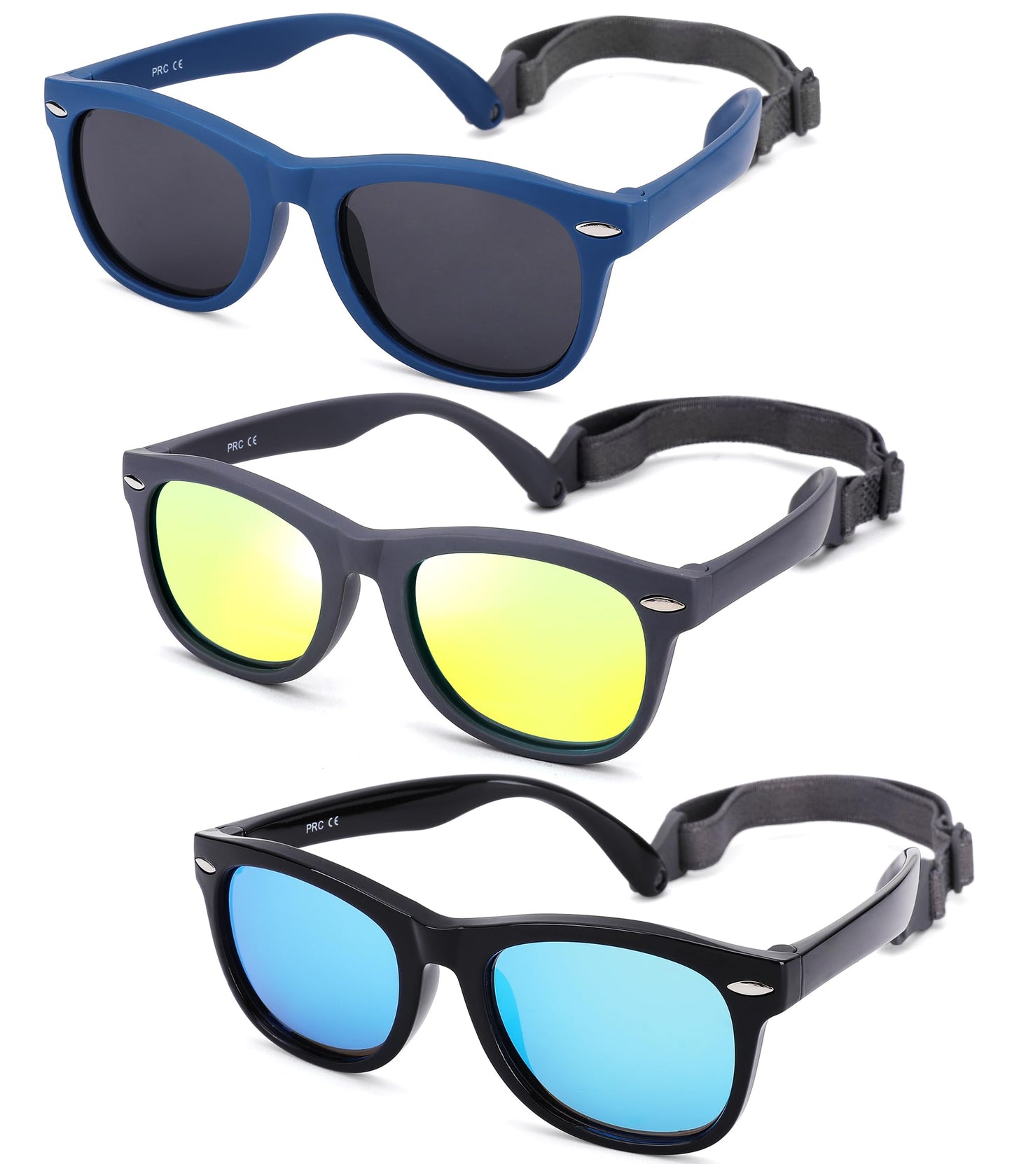 NULOOQ Polarized Baby Sunglasses with Strap - Unbreakable Flexible Infant Sunglasses for Toddlers Age 0-24 Months (Black/Blue + Gray/Gold + Black/Blue) - 3 Pack