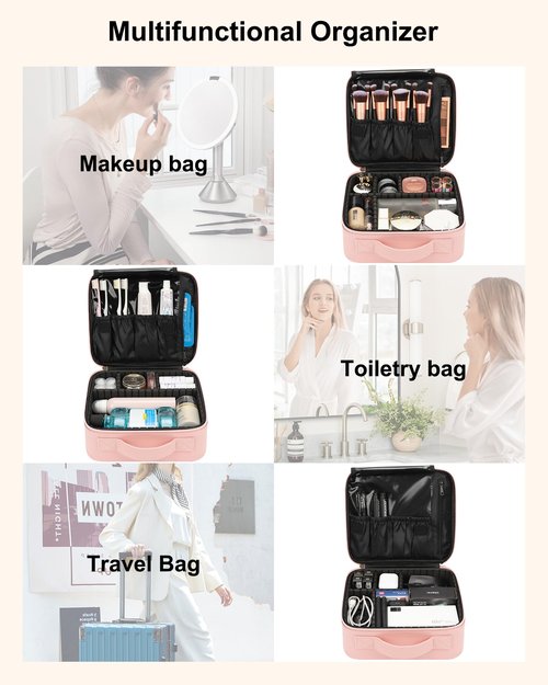 Relavel Travel Makeup Train Case Makeup Cosmetic Case Organizer Portable Artist Storage Bag with Adjustable Dividers for Cosmetics Makeup Brushes Toiletry Jewelry Digital Accessories (Pink)