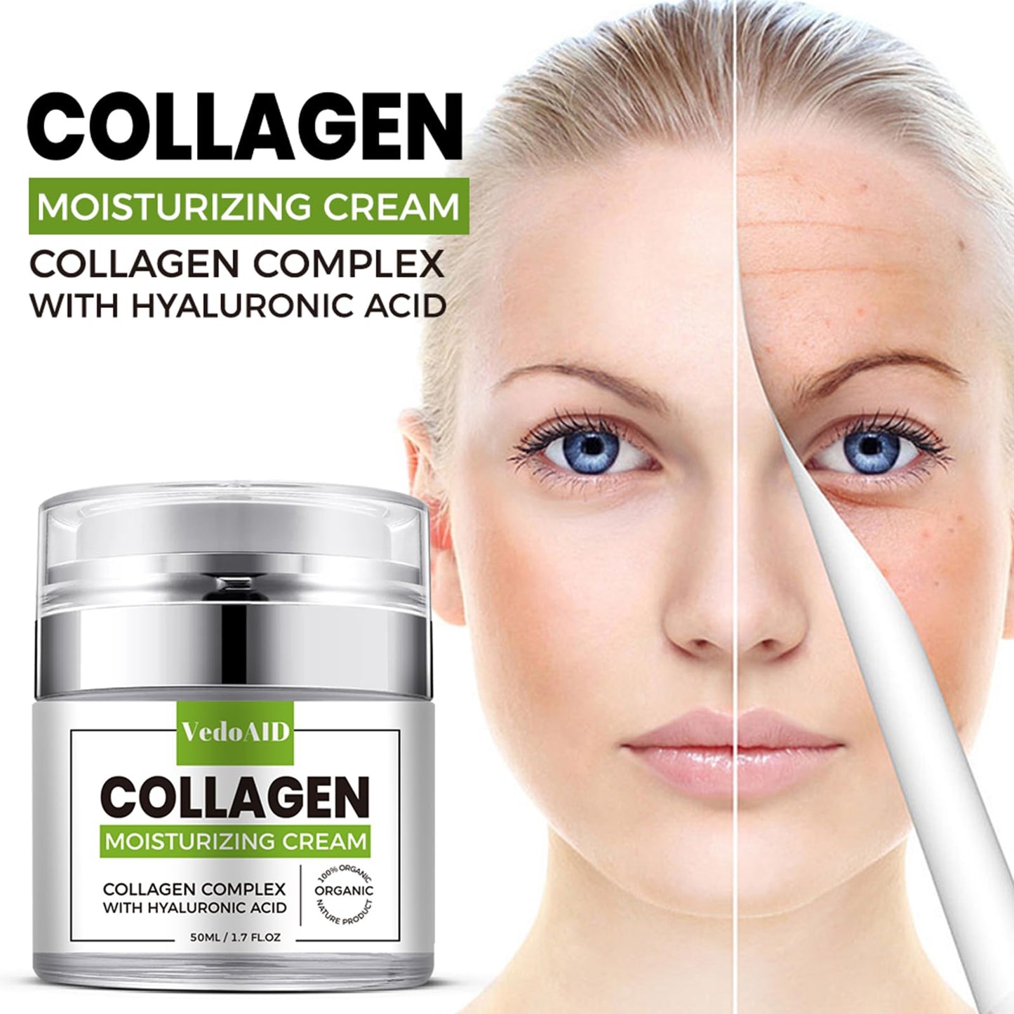 VedoAID Collagen Moisturizing Cream with Hyaluronic Acid, Deep Hydrating Anti-Aging Face Cream for Firming Skin, Day & Night Facial Moisturizer for Women & Men, 1.7 fl oz (50ml)