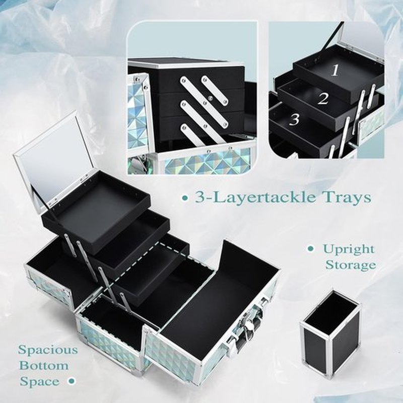 Joligrace Makeup Box 11.6-Inch Cosmetic Train Case for Women Travel Jewelry Organizer with Compartments & Mirror Portable Lockable Make-up Trunk Turquoise