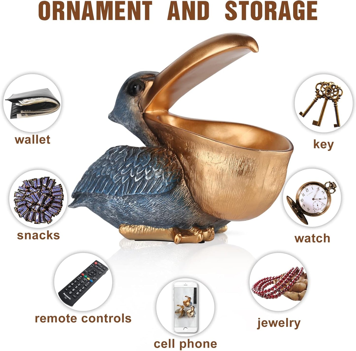 Pelican Key Holder Statue - Fun Hippo Candy Dish for Office Desk | Unique Modern Decor (Gold)