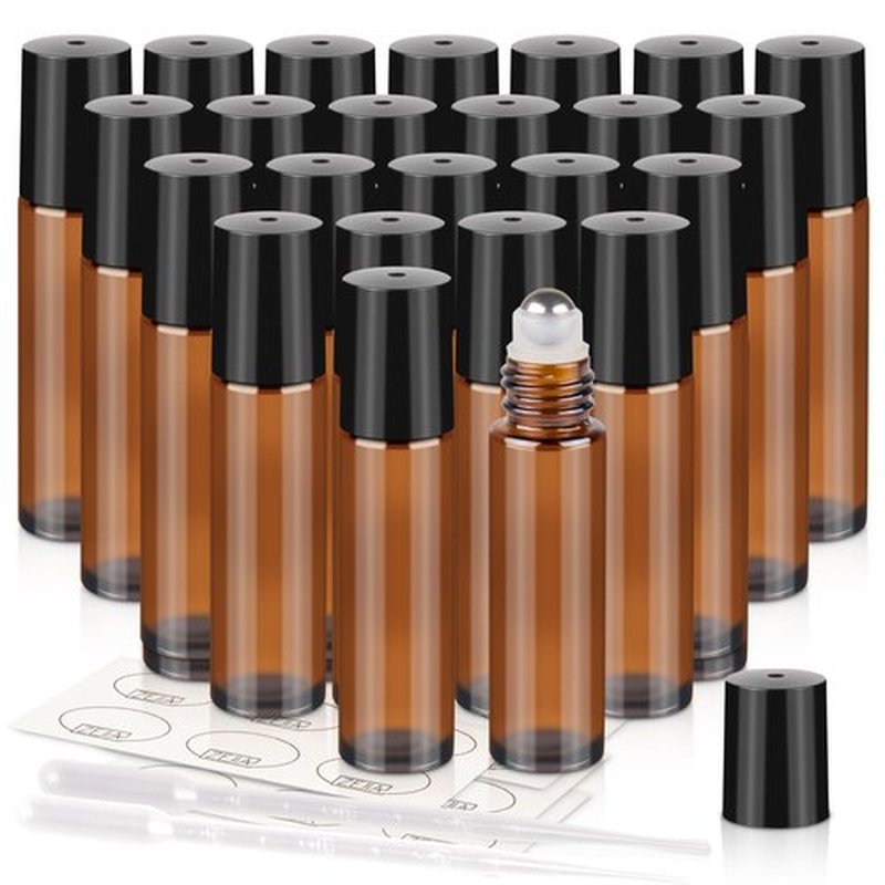 ZEJIA 10ml roller bottles for essential oils, 24 Pack Roll on Bottles, Amber Thick Glass Roller Bottles for Oils, with Stainless Steel Roller Balls, 2 Droppers