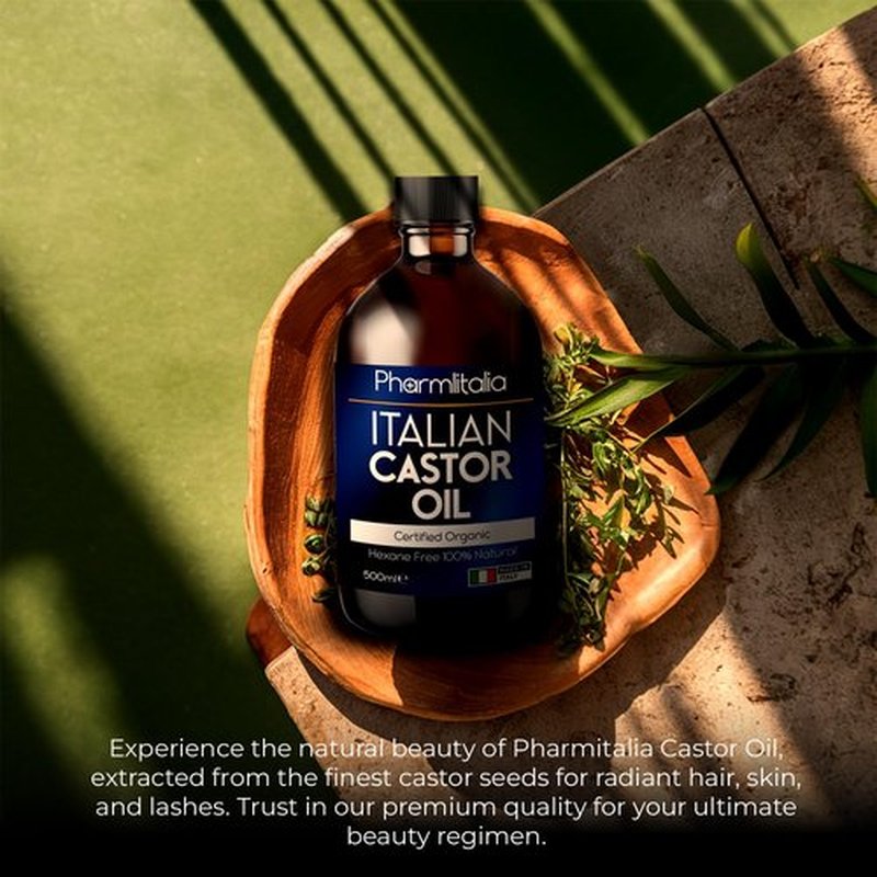 Pharmlitalia Organic Castor Oil Organic Cold Pressed Unrefined - Hexane free Golden Castor Oil for face, hairs, Eyelashes, Skin care and Nails - aceite de castor organico puro - 500ml