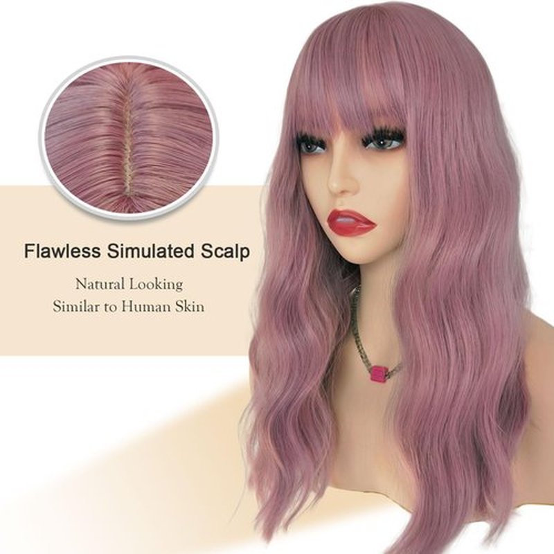 curldiva Pink Bob Wigs with Bangs 16 Inch Loose Wave Curly Wig for Women Shoulder Length Colored Synthetic Hair Daily Wig Lovly Pink Heat Friendly