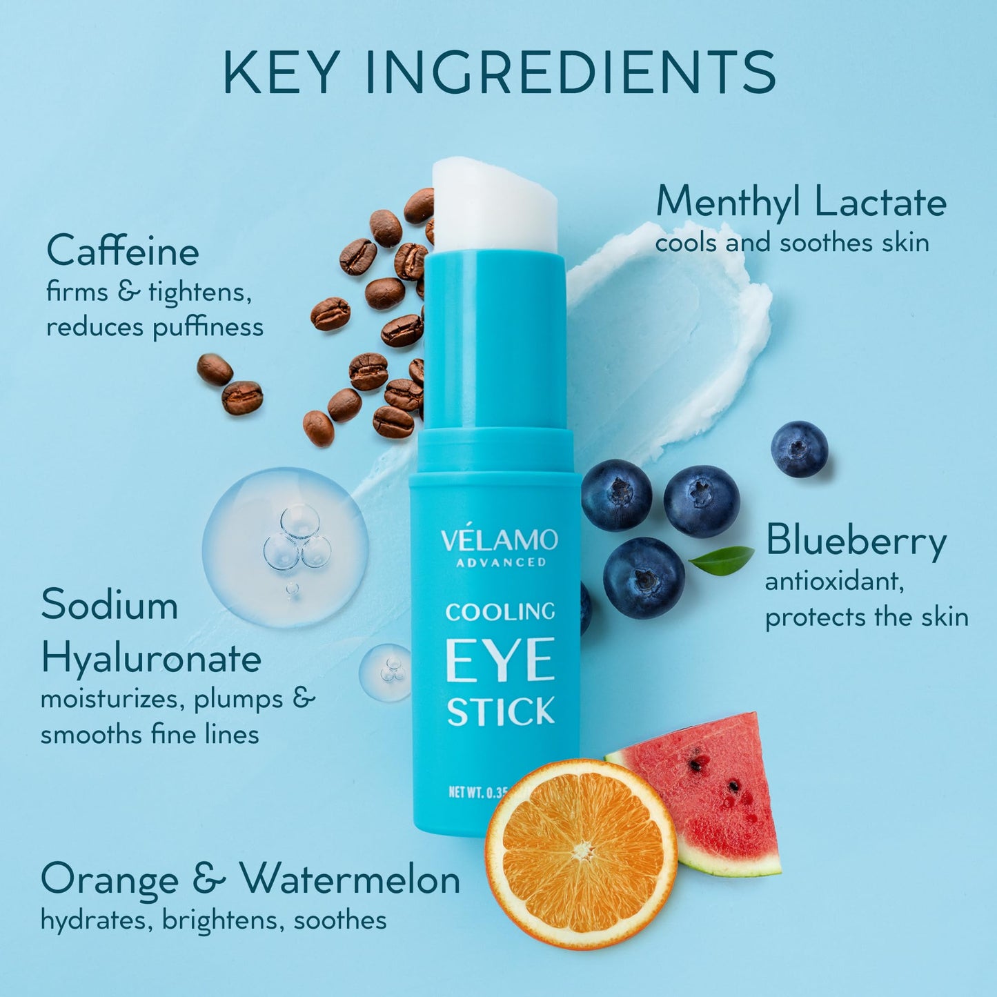 VELAMO ADVANCED Cooling Eye Stick: De-Puffing & Hydrating Under Eye Balm for Dark Circles, Puffiness & Eye Bags - With Caffeine & Hyaluronic Acid, Portable & Perfect for On-the-go Use, 0.35 OZ/10g