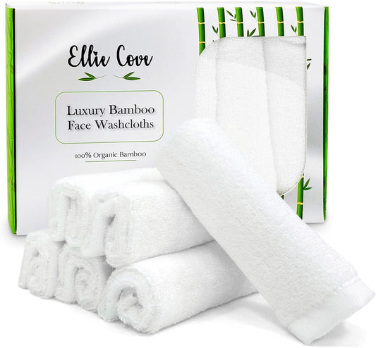 Luxury Bamboo Facial Washcloths - Reusable Makeup Remover, Gentle for Sensitive Skin | Set of 6, 10"x10" (White)