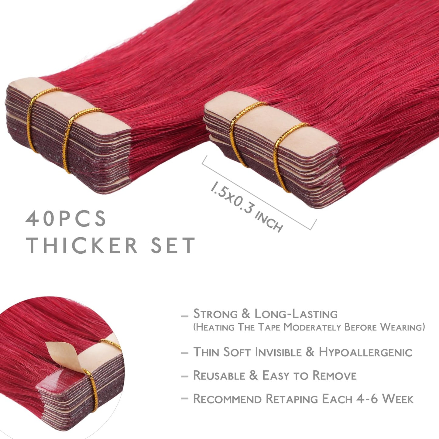 WENNALIFE Tape in Hair Extensions Human Hair, 40pcs 100g 18 inch Red Hair Extensions Real Human Hair Straight Tape in Extensions Invisible Human Hair Extensions Reusable Real Hair Extensions