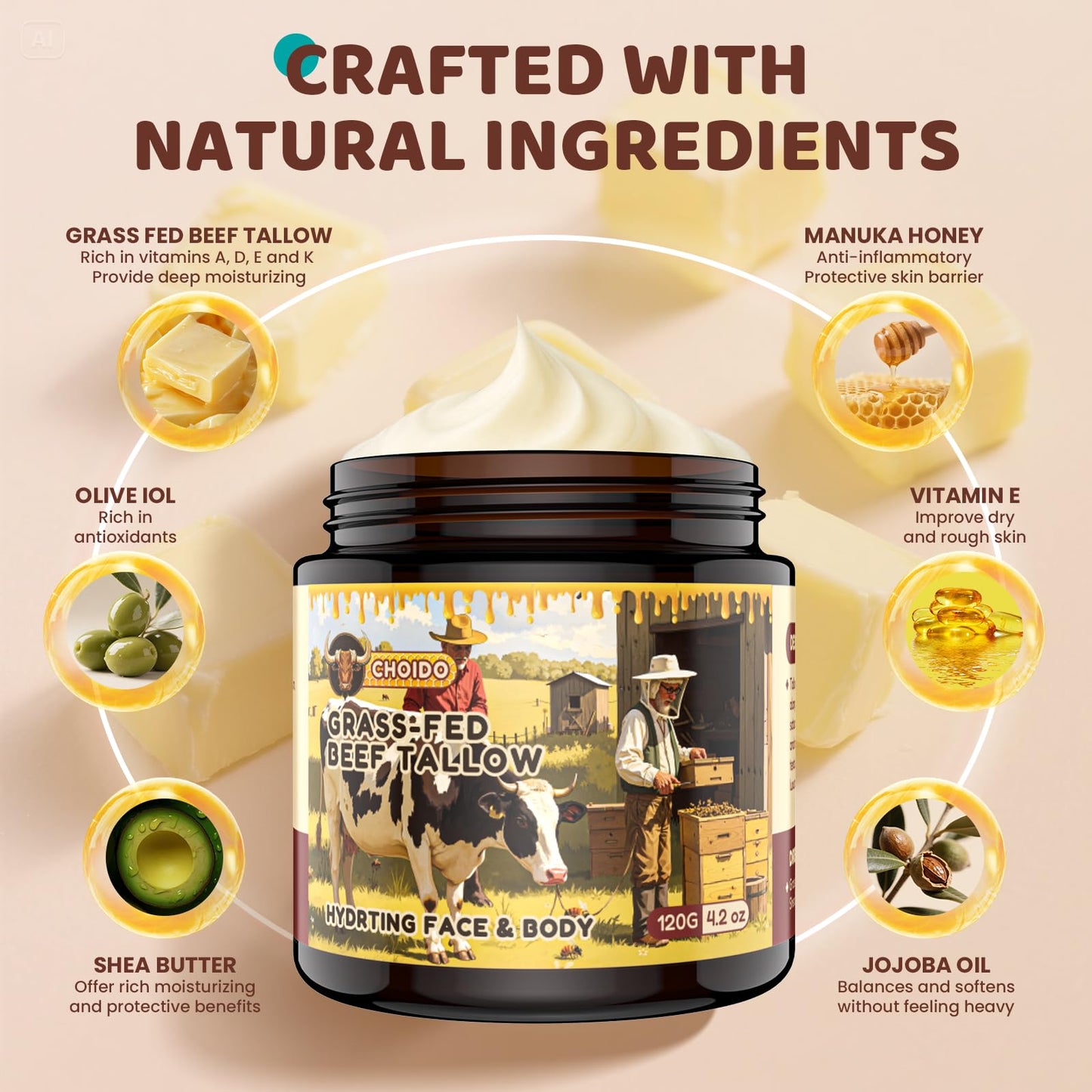 Choido Tallow and Honey Balm, Beef Tallow for Skin, Whipped Organic Grass-Fed Beef Tallow, Natural Whipped Face Moisturizer & Body Butter for Dry & Sensitive Skin