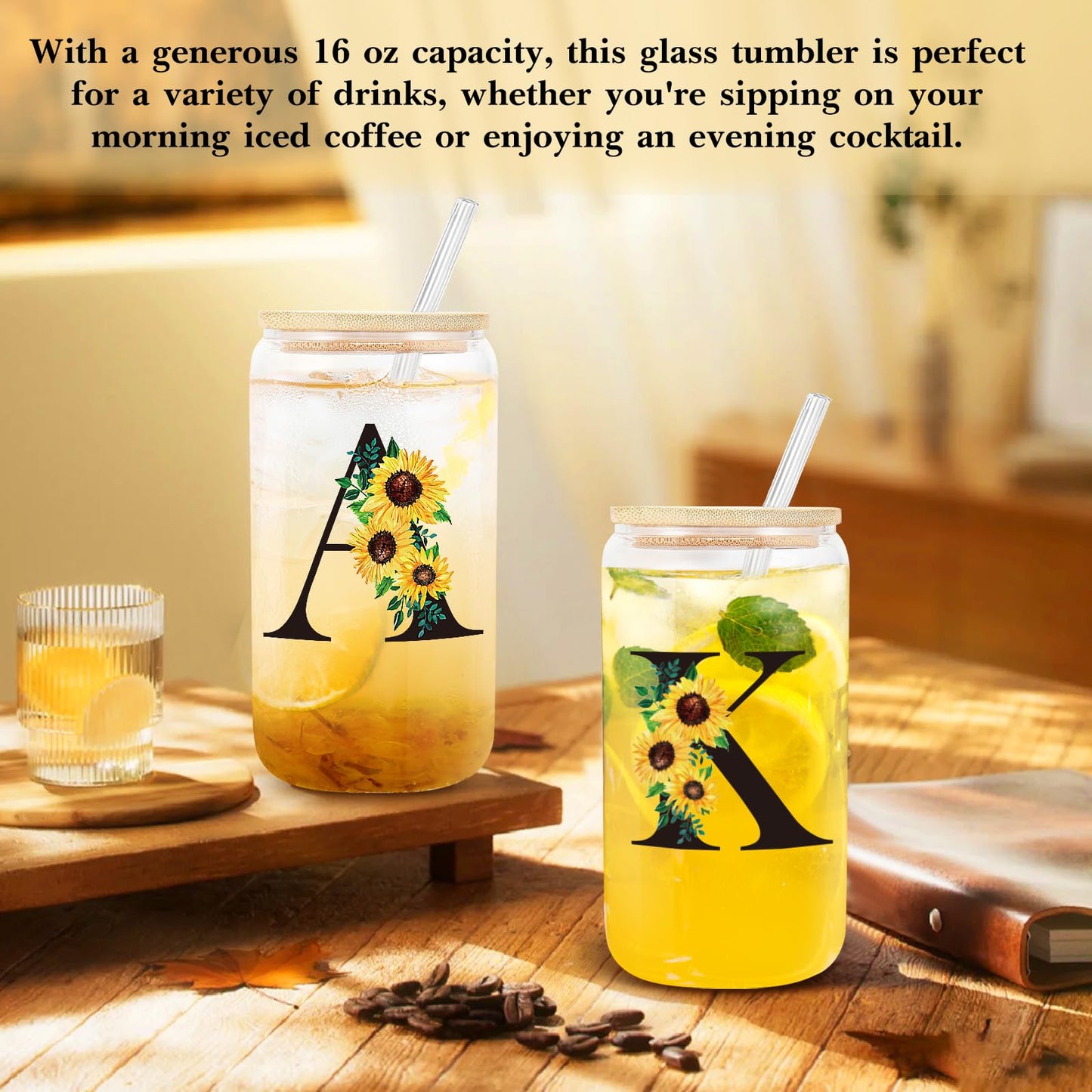 Frerdui Birthday Gifts for Women, Initial Glass Cups w Lids and Straws, Sunflower Gifts for Women, Personalized Gift, 16oz Glass Tumbler Cups W/Straw Lid, Monogrammed Mothers Day Gift for Her Mom - A