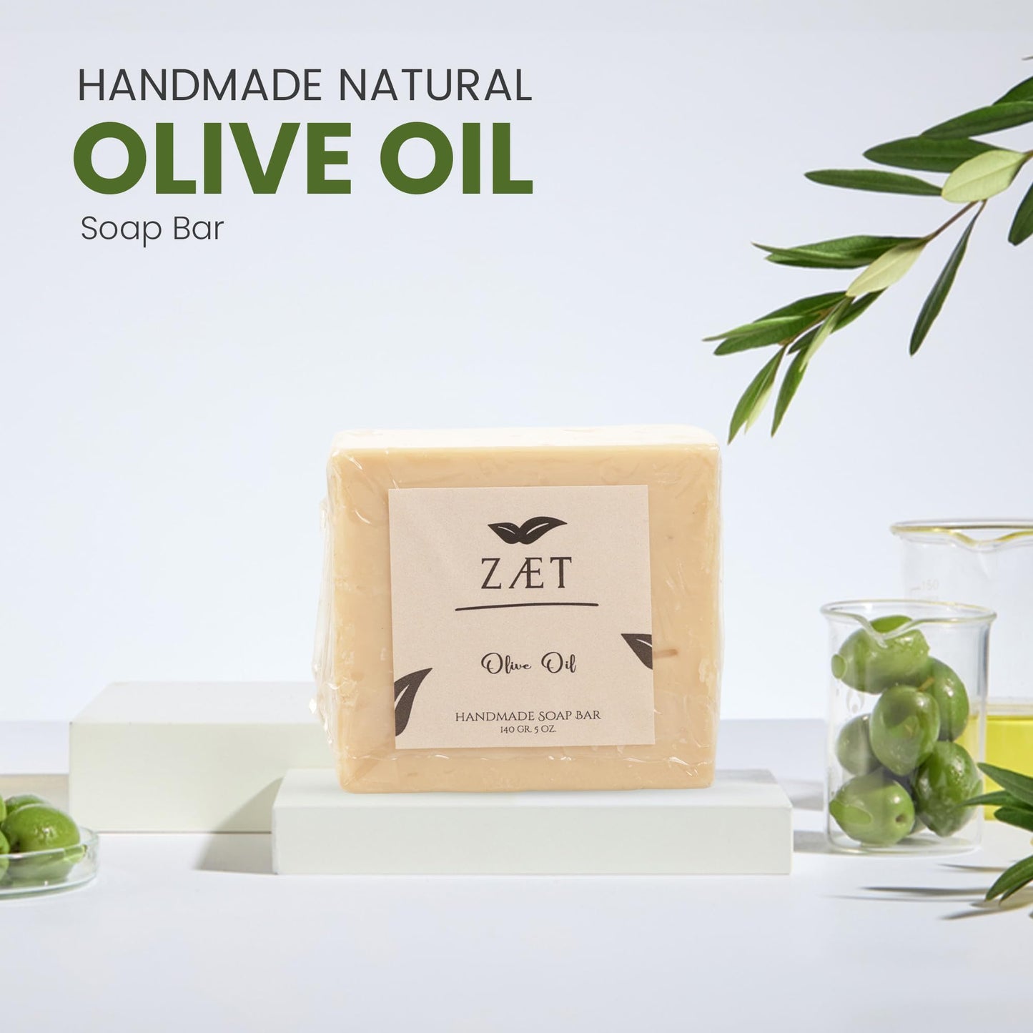 ZÆT Olive Oil Soap Bar, Fragrance Free Handmade Soap for Face & Body | Made with olive & palm oil | Gentle for sensitive, dry skin | 5 oz bar | (Pack of 2)