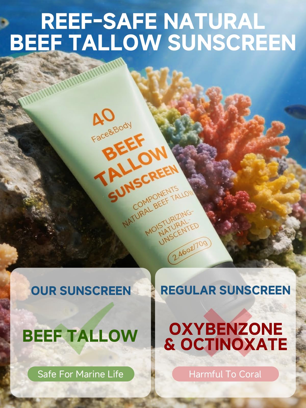 Beef Tallow Reef Safe Sunscreen SPF 40 for Face, Travel Size Natural Organic Non-Greasy Lightweight Formula For Women & Men, Summer Outdoor Sports Beach Home Office Daily Use, 2 Packs