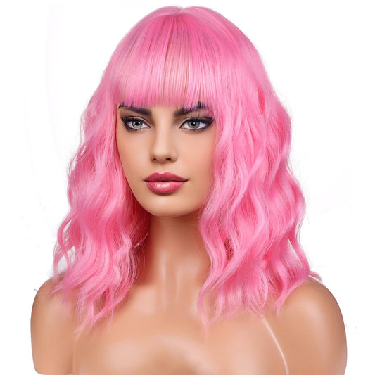 BERON 14 Inches Pink Wig for Women Short Curly Wig Pink Wig with Bangs Pink Bob Wig for Daily Party Wig Cap Include