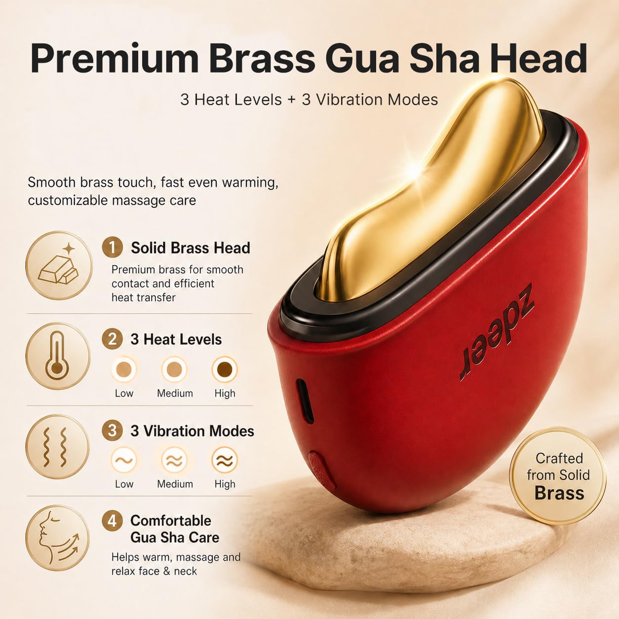 ZDEER GS5 Brass Heated Electric Gua Sha Facial Sculpting Tool with Vibration, Women's Facial Massager, LED Red Light Therapy for Neck & Face, Skin Firming Device, Premium Birthday Gift for Women, Red