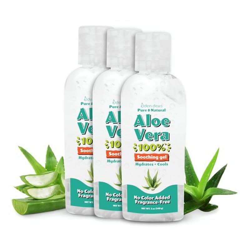 Eden Dews Organic Aloe Vera Gel 100% Pure & Natural Gel, Moisturizing, Face Skin & Hair Care, Sun Burn Relief, Hydrates & Soothes Acne, Razor Bumps, Made in USA, Travel Size, Unscented, 2 oz, 3-Pack