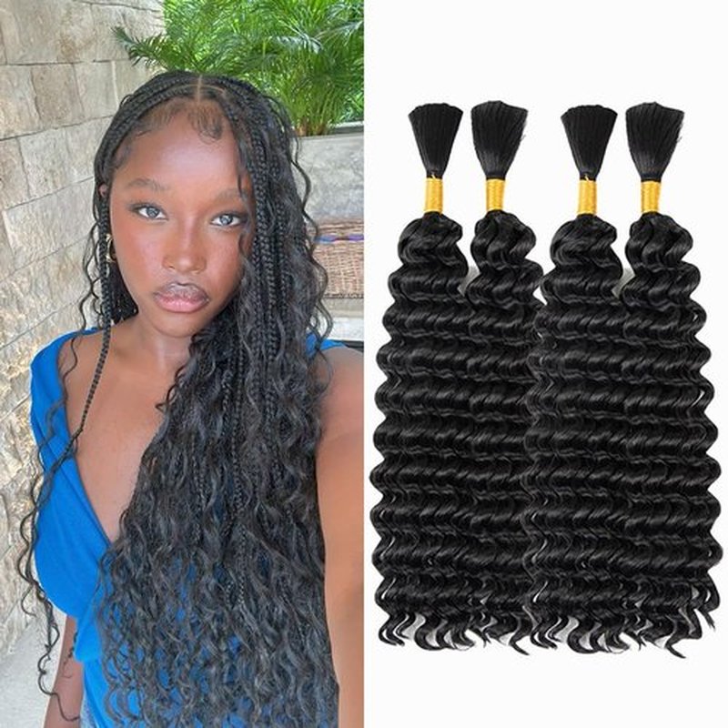 Deep Wave Bulk hair for Braiding No Weft Faux Wet and Wavy 300g Micro Braiding hair Deep Wave Braiding Hair Extensions for Box Boho Braids 16 Inch #1B (2 Pack—4 Bundles)
