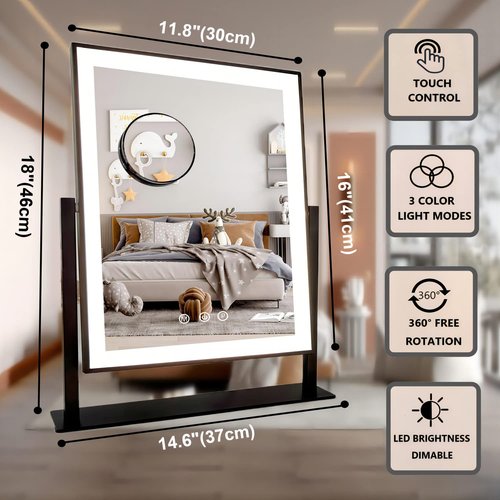 Acoolda Vanity Mirror with Lights, Hollywood Lighted Makeup Mirror with 3 Color Lighting Modes, Detachable 10X Magnification, 18.7 Inches,Black…