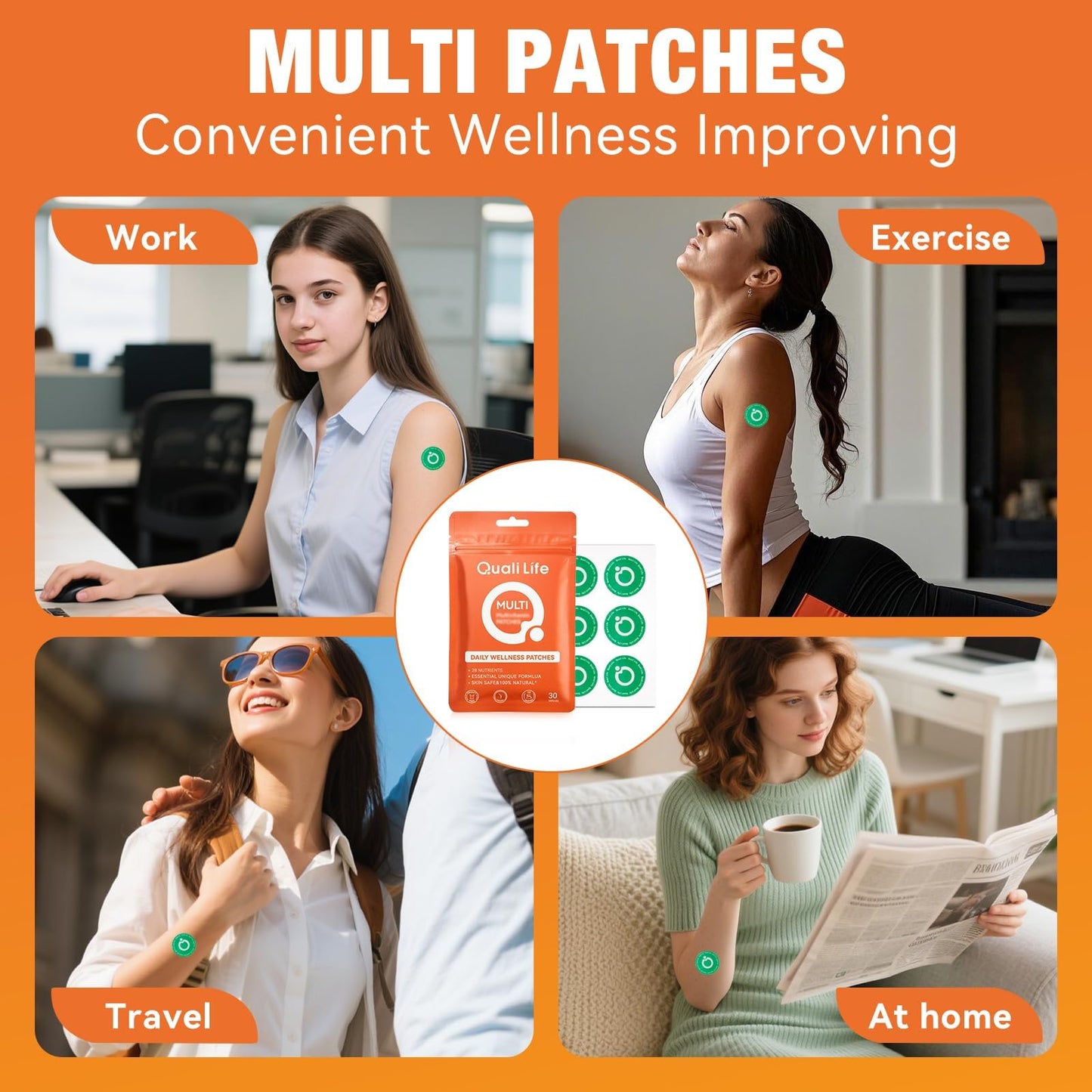QualiLife Multi Plus Topical Patch for Women & Men, Essential Daily Healthy Patches with D3&K2 for Hours Release, 28 Nutrients with Iron Support, 30 Days Supply