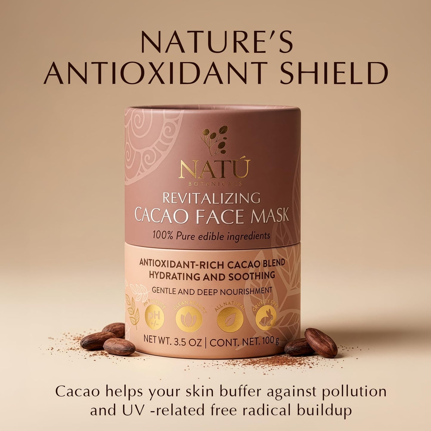 NATÚ BOTANICALS Revitalizing Cacao Hydrating Face Mask - Antioxidant Rich Moisturizing Facial Mask with Chocolate Scent - Pore Refinement, Hydrating & Soothing Face Masks for All Skin Types, 3.5oz