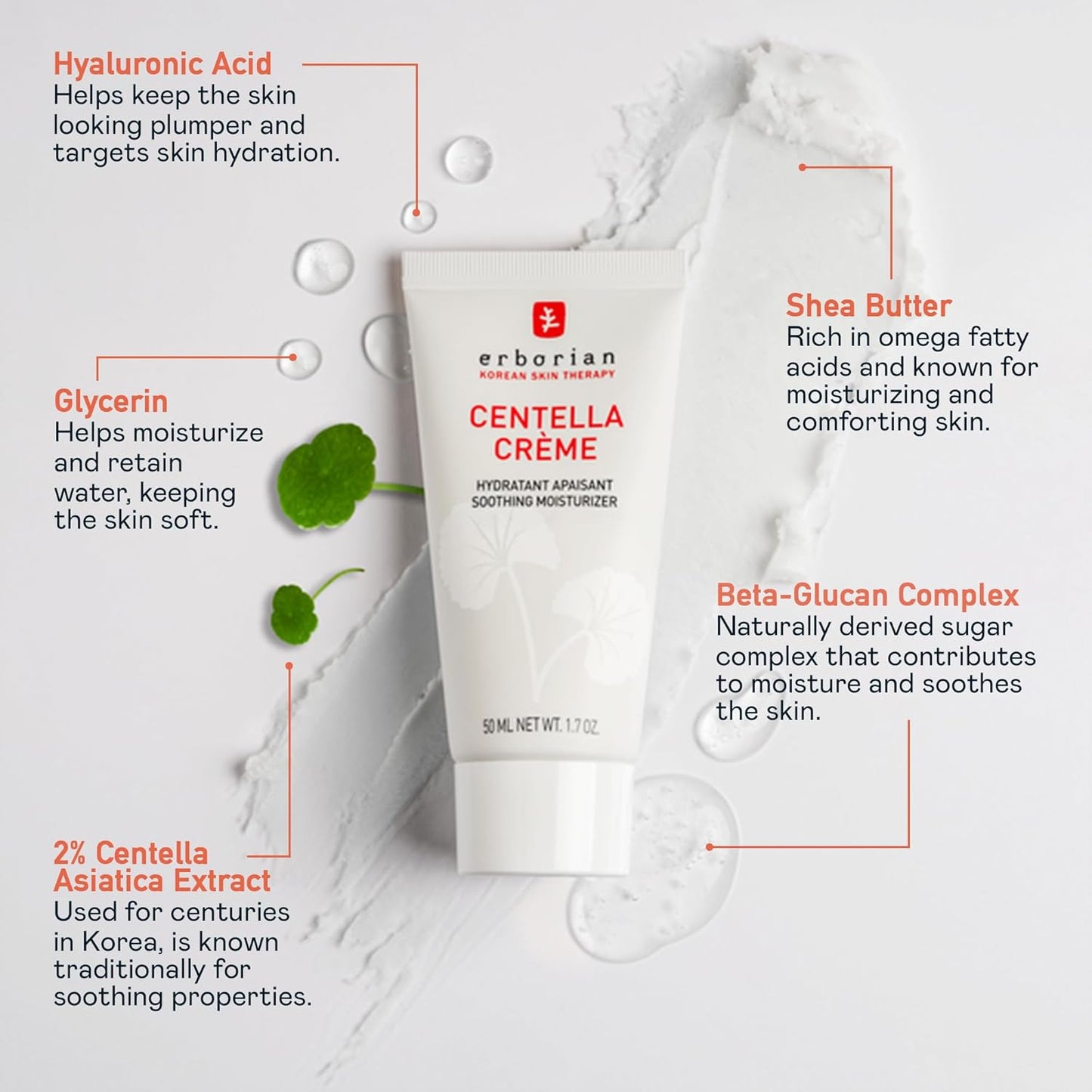Erborian Face Moisturizer Cream Centella Cream - Ultra Light-Weight Facial Moisturizing Cream with Shea Butter, Hyaluronic Acid, Glycerin & Beta Glucan - Soothes & Hydrates Skin - All Skin Types