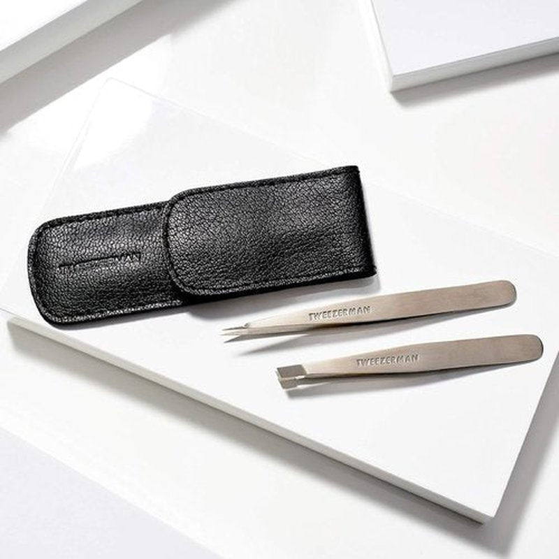 Tweezerman Petite Tweeze Set with Travel Case - Point and Slant Tweezers, Tweezers for Travel (Black Case)