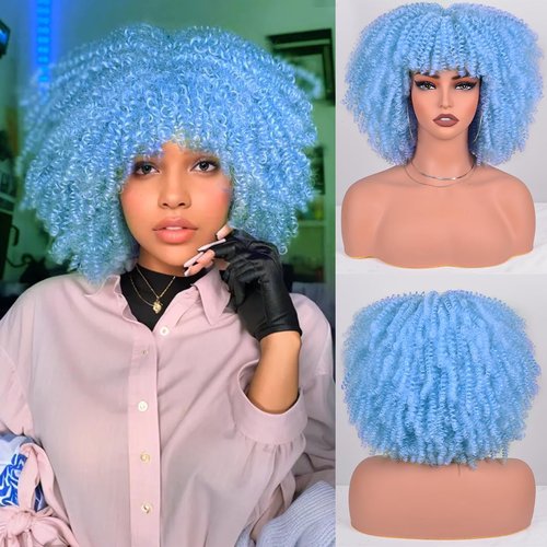 Vitorish Short Kinky Curly Wigs for Black Women 12 Inches about 280g/Piece Curly Afro Wig with Bangs Full Machine Made Blue Afro Wig Bouncy Fluffy Synthetic Cosplay Wig (Light Blue)