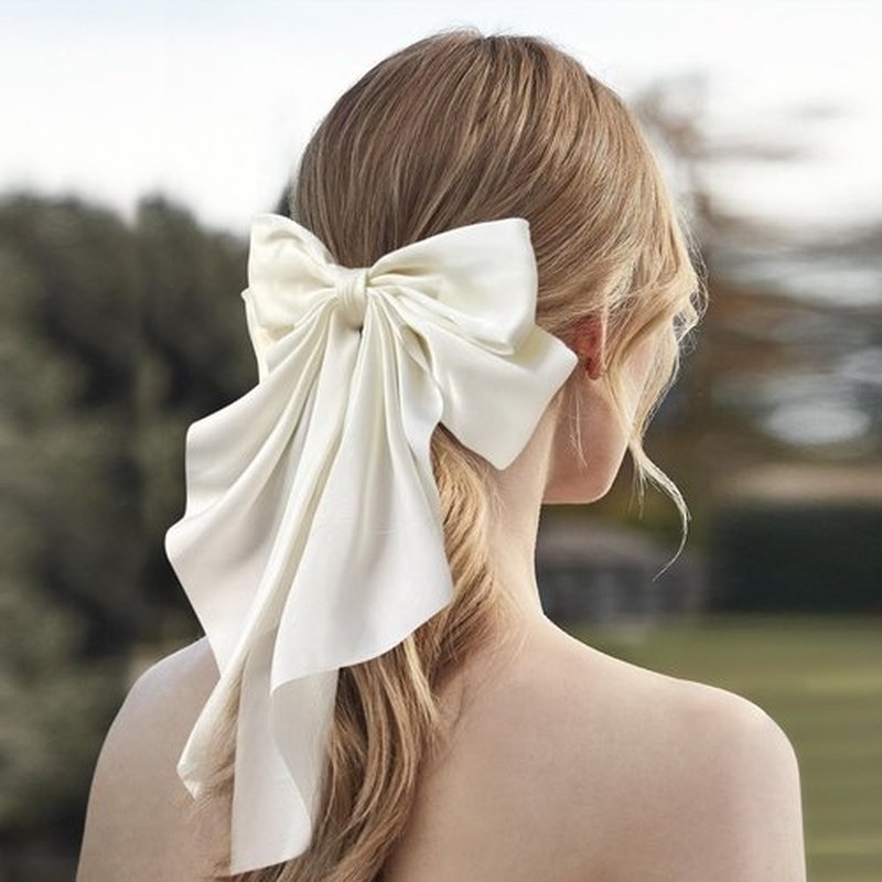 Hair Bows for Women Girls Silky Satin Big Bows Hair Barrettes Oversized Hair Accessories Long Tail Hair Ribbons -3Pcs -Yellow Beige Sky Blue