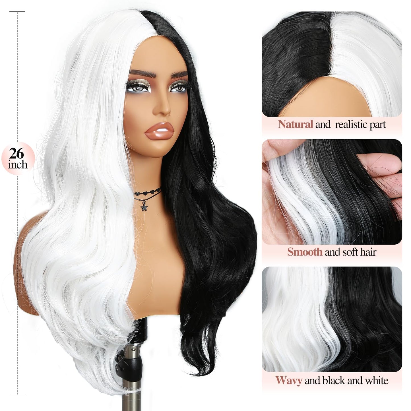 Fancy Hair Half Black Half White Long Curly Wavy Wigs Synthetic Long wavy Wig Daily Party Cosplay Wigs for Black Women 26"