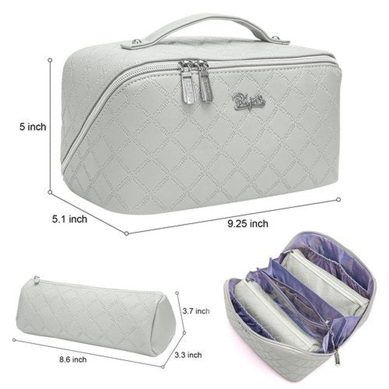 Travel Makeup Bags Cosmetic Organizer Bag: 3-Set Large Capacity Make up Bag - PU Leather Toiletry Bag for Women - Wide Open Portable Pouch with Divider & Handle (07-Gray)