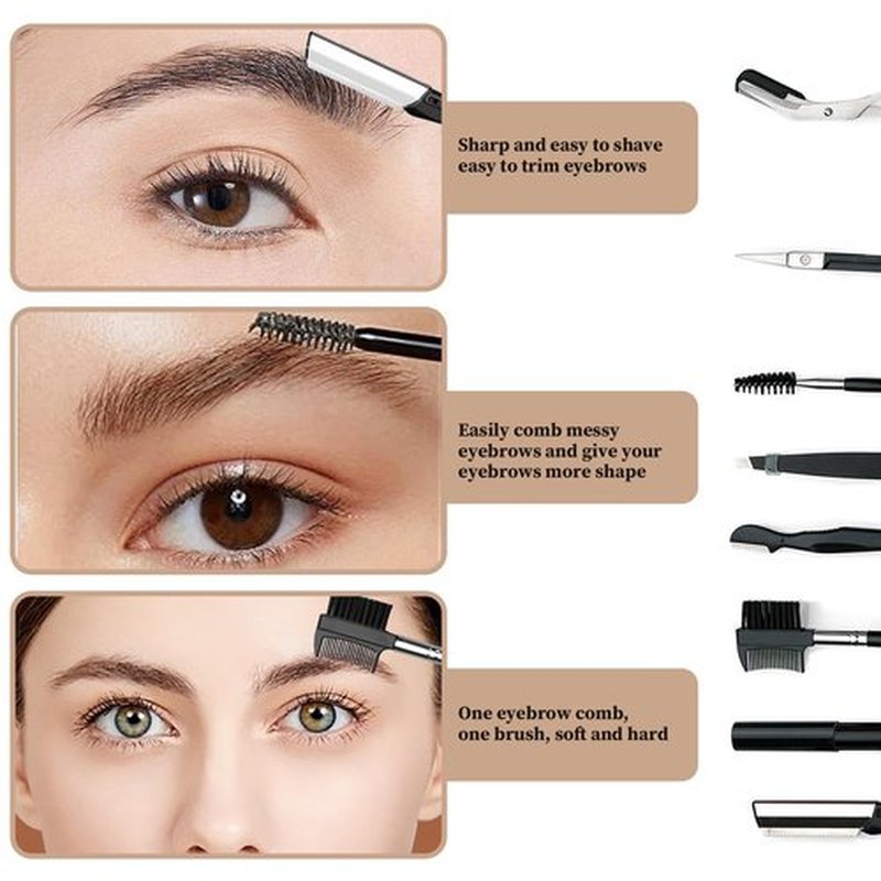8PCS/SET Professional Eyebrow Shaping Grooming Kit - Beauty Tools Set with Leather Bag Eyebrow Grooming Kit for Women & Men, Eyebrow Trimming Kit With Razor Eyebrow Scissors and Brush with Comb Khaki