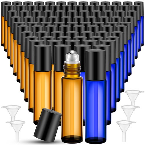 Sumind 150 Pcs Essential Oil Roller Bottles 10 ml Glass Roller Bottles with Stainless Steel Roller Balls Empty Bottles Leak Proof Roll on Bottles with 5 Funnel for Travel Essential Oil (Amber, Blue)