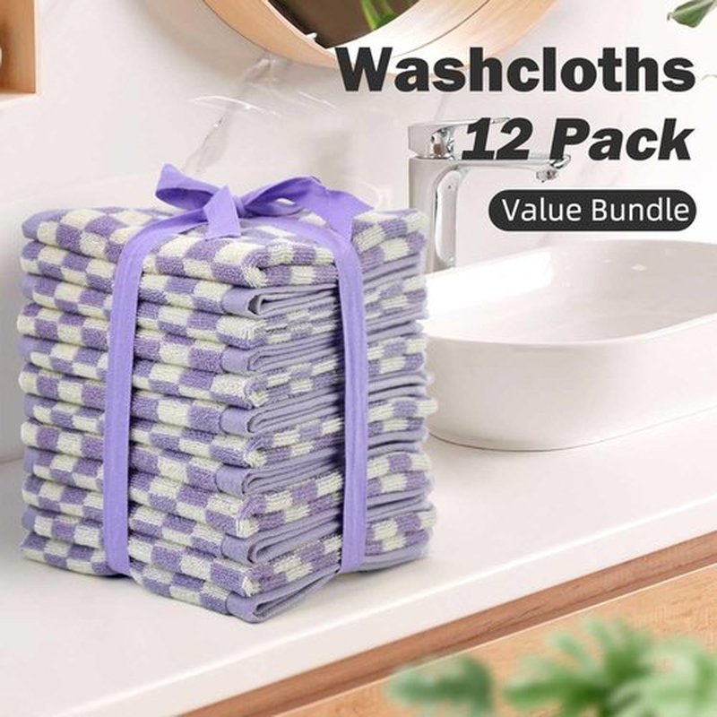 Cotton Washcloth 12 Pack (Lilac Checkered), Soft Absorbent Washcloths Facecloth, Cotton Face Towels Set for Body Showering 13x13 Inches, Gifts