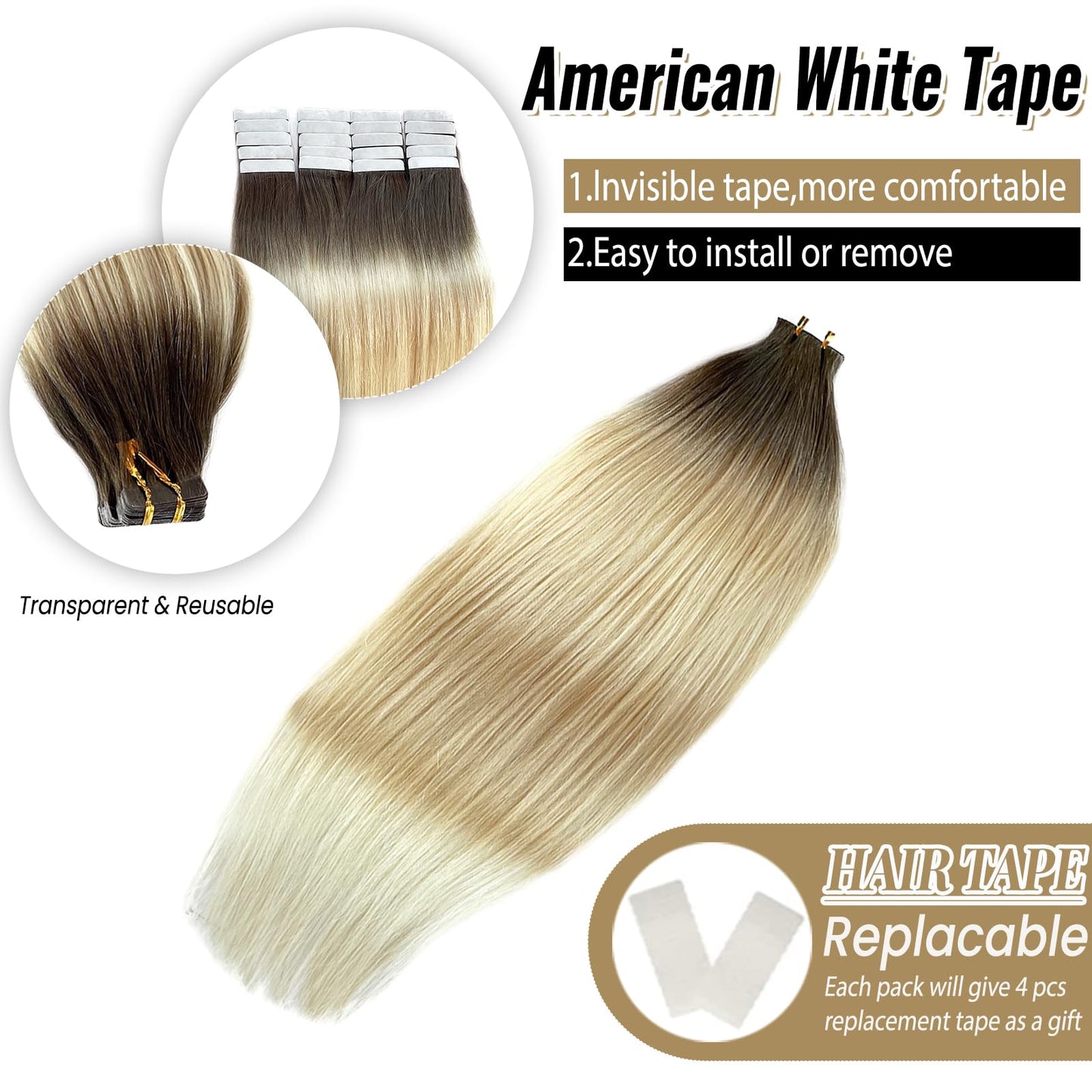 Tape Ins Human Hair Extensions 22inch Omber Flax Brown to Platinum Blonde Silky Straight Brazilian Double Sided Tape in Extensions Human Hair Tape in Extensions