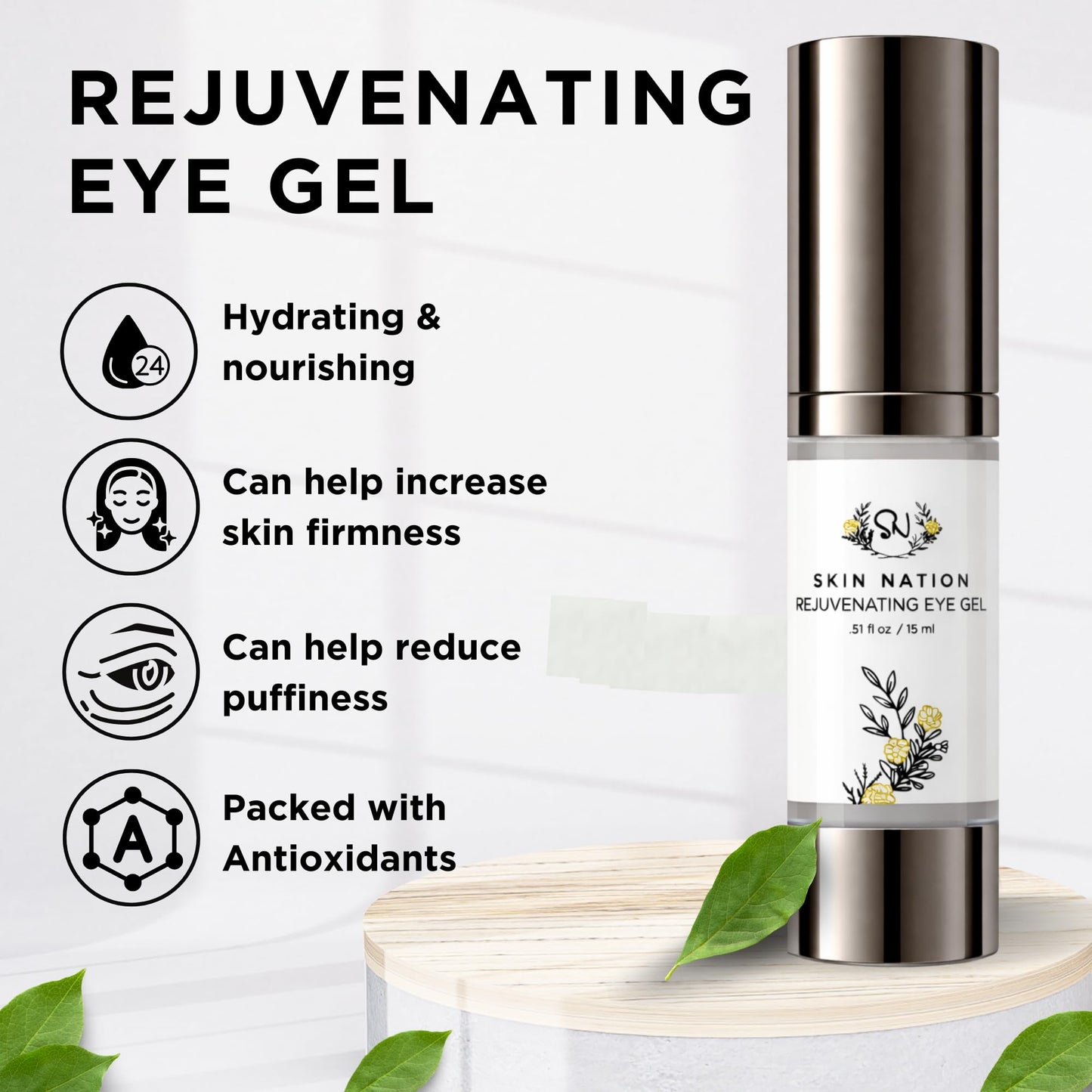 Skin Nation Rejuvenating Eye Gel, Super Hydrating with Peptides, Hyaluronic Acid and Green Tea, Lightweight Plant Based Under Eye Cream for Puffiness, Dark Circles and Smooth Skin