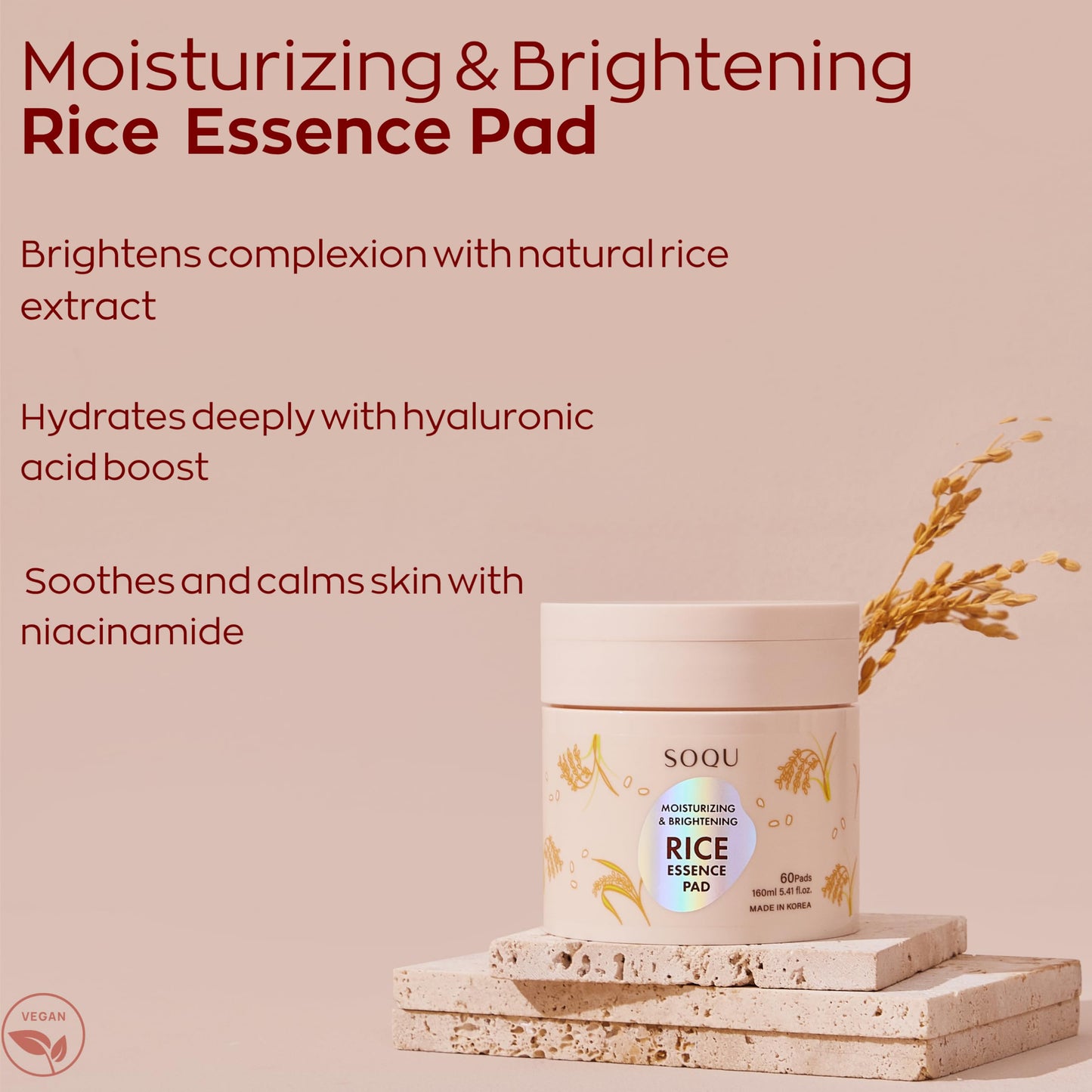 SOQU Rice Essence Pad – Moisturizing & Brightening Facial Pads with Rice Extract, Hyaluronic Acid & Niacinamide – 60 Pads (160ml, Made in Korea)