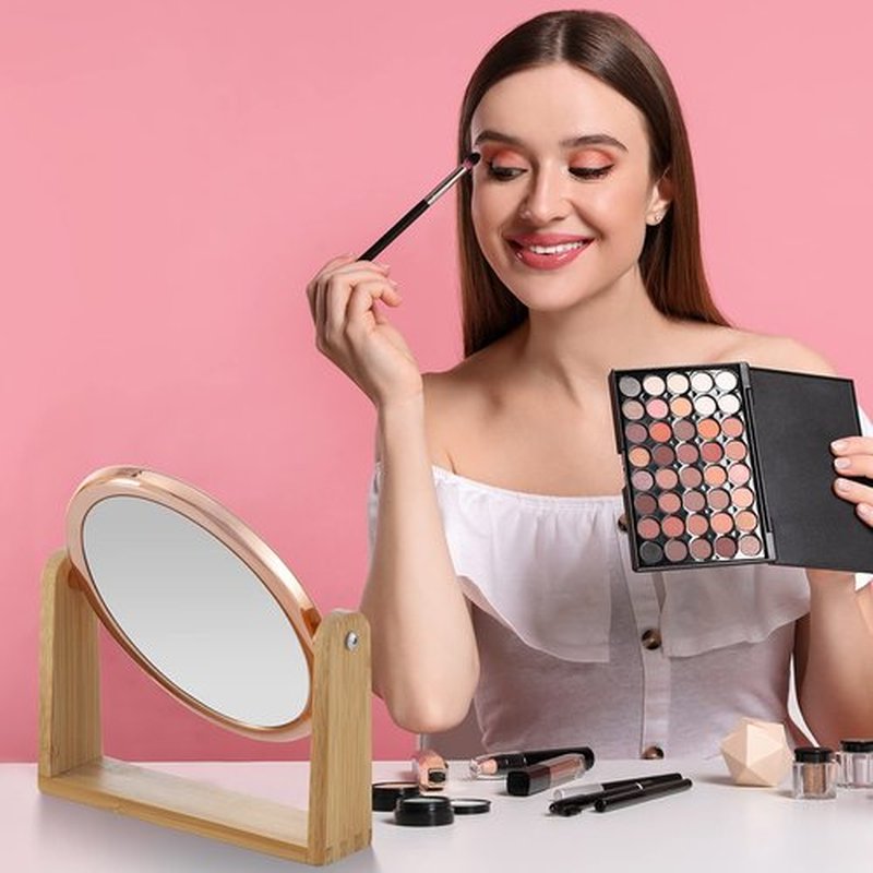 YEAKE Double Sided 10X Magnifying Makeup Mirror with Bamboo Stand,Small Desk Table Mirror with 360° Rotation,Standing Portable Cosmetic Mirror,Good for Tabletop,Traveling(Rose Gold,Oval)