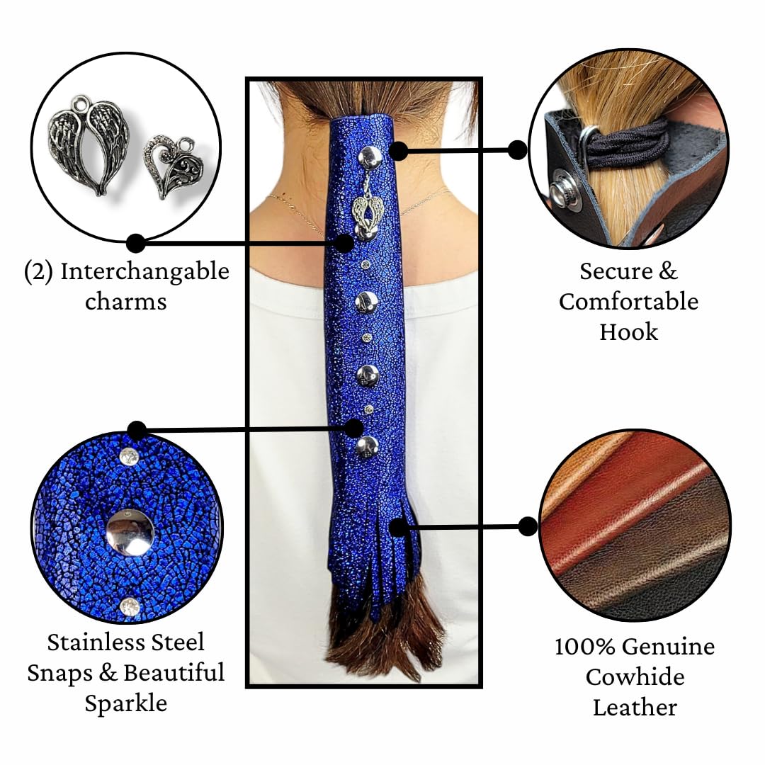 COBALT BLUE Glitter 6" inch Leather Hair Wrap | Motorcycle Helmet Ponytail Sleeve Hair Protector & Frizz Saver | Lady Rider Biker Gear Hair Tie Accessory w/Fringe Crystals Made in USA (6 inch)