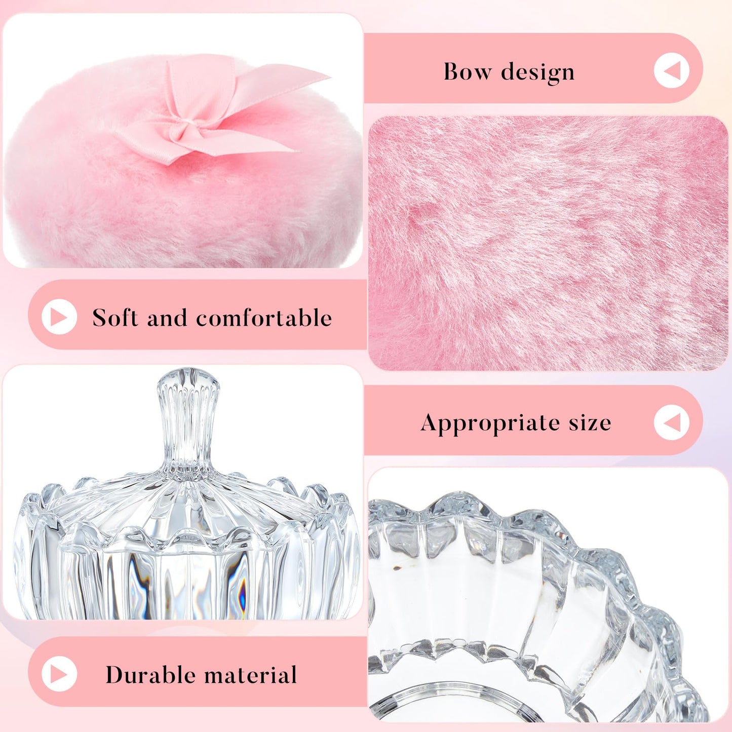 Tioncy 3 Pcs Large Body Powder Puff and Container Powder Container with Puff Powder Puff Crystal Container Soft Washable Reusable Velour Face Body Glitter Powder Puff Wet Dry Makeup(Clear,Cute)