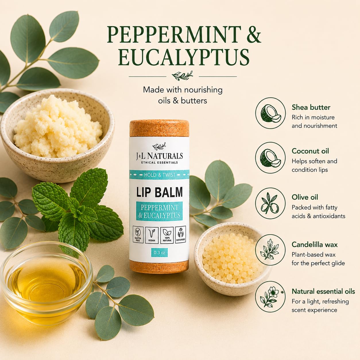 J&L Naturals Sustainable Lip Balm | Organic Ingredients, 100% Natural, Eco-Friendly | Cruelty Free, Vegan, Paraben Free, Silicone Free (Peppermint & Eucalyptus, 2-Piece Duo)