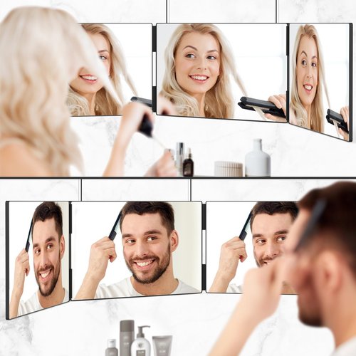 OLIBUY 3 Way Mirror with LED for Hair Cutting, Tri-fold Mirror for Shaver and Makeup, Adjustable Telescoping Hooks-with LED Version