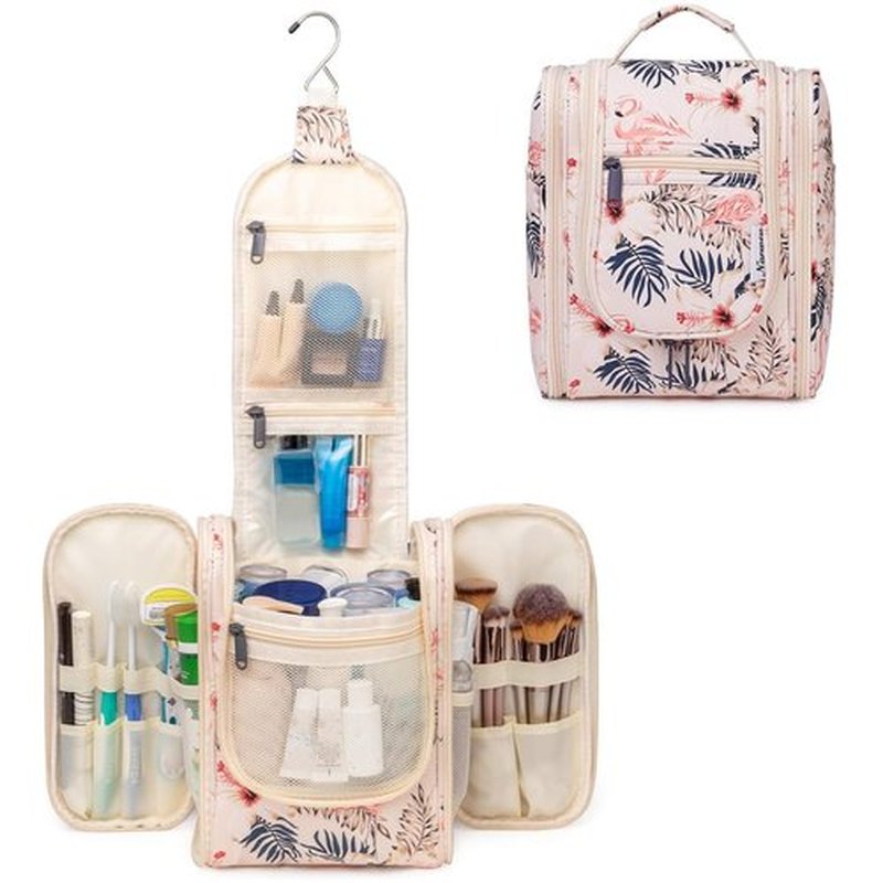 Narwey Small Hanging Toiletry Bag Women Travel Makeup Bag Organizer Toiletries Bag for Travel Size Essentials Accessories Cosmetics(Medium, Beige Bird)