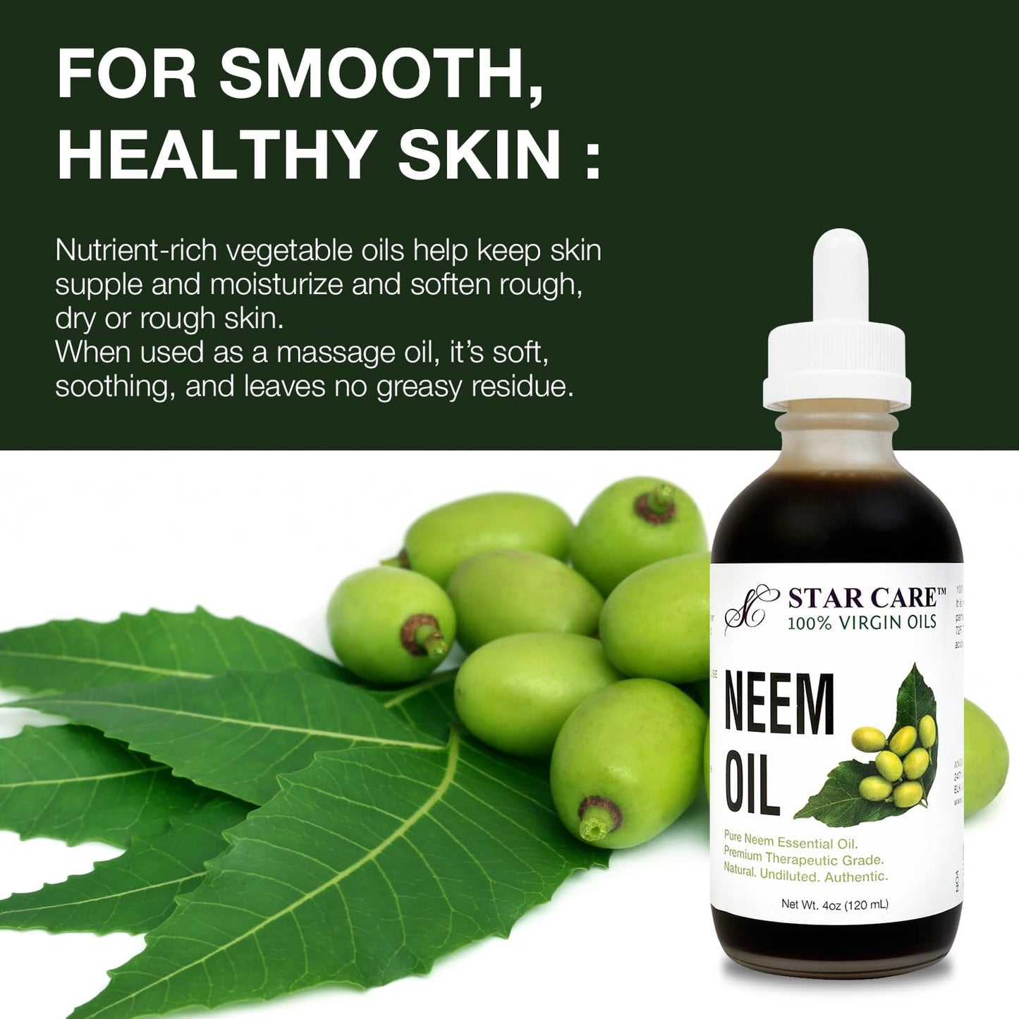 STAR CARE 100% Virgin Neem Oil Pure Cold Pressed Neem Oil for Skin, Hair, and Scalp, Natural Moisturizer for Face, Nails, and Body Care - 4oz (120ml)