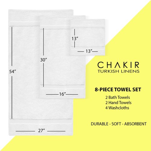 Chakir Turkish Linens | Hotel & Spa Quality 100% Cotton Premium Turkish Towels | Soft & Absorbent (8-Piece Towel Sets, White)