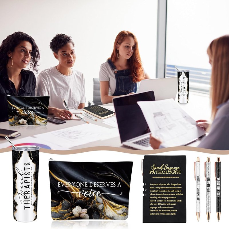 Speech Therapy Gifts - 6-Piece SLP Appreciation Set | 20 oz Tumbler, Makeup Bag, A6 Notebook, Pen - Perfect for Graduation & Birthdays (Black)