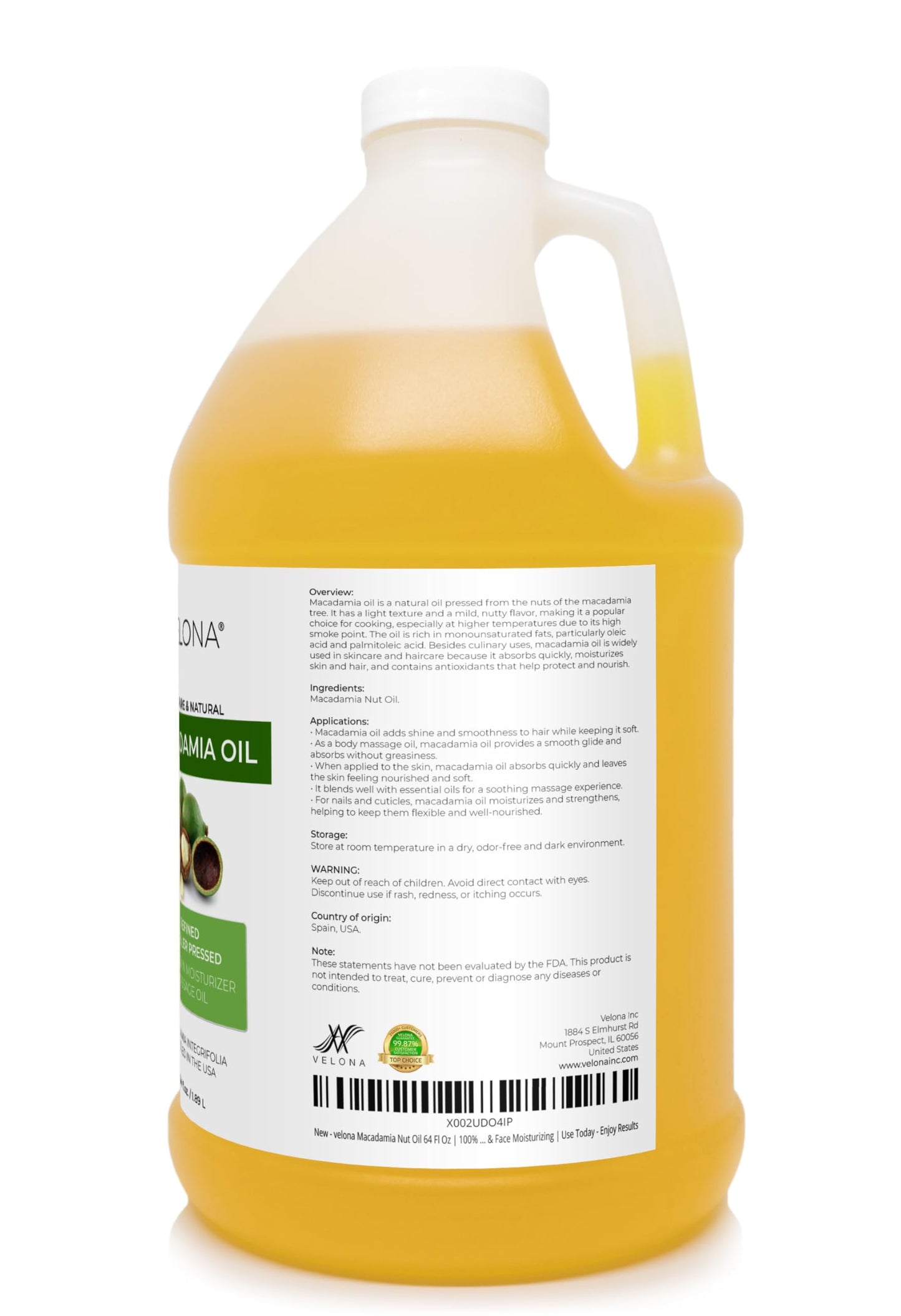 velona Macadamia Nut Oil 64 Fl Oz | 100% Pure and Natural Carrier Oil | Refined | Cooking, Skin, Hair, Body & Face Moisturizing | Use Today - Enjoy Results