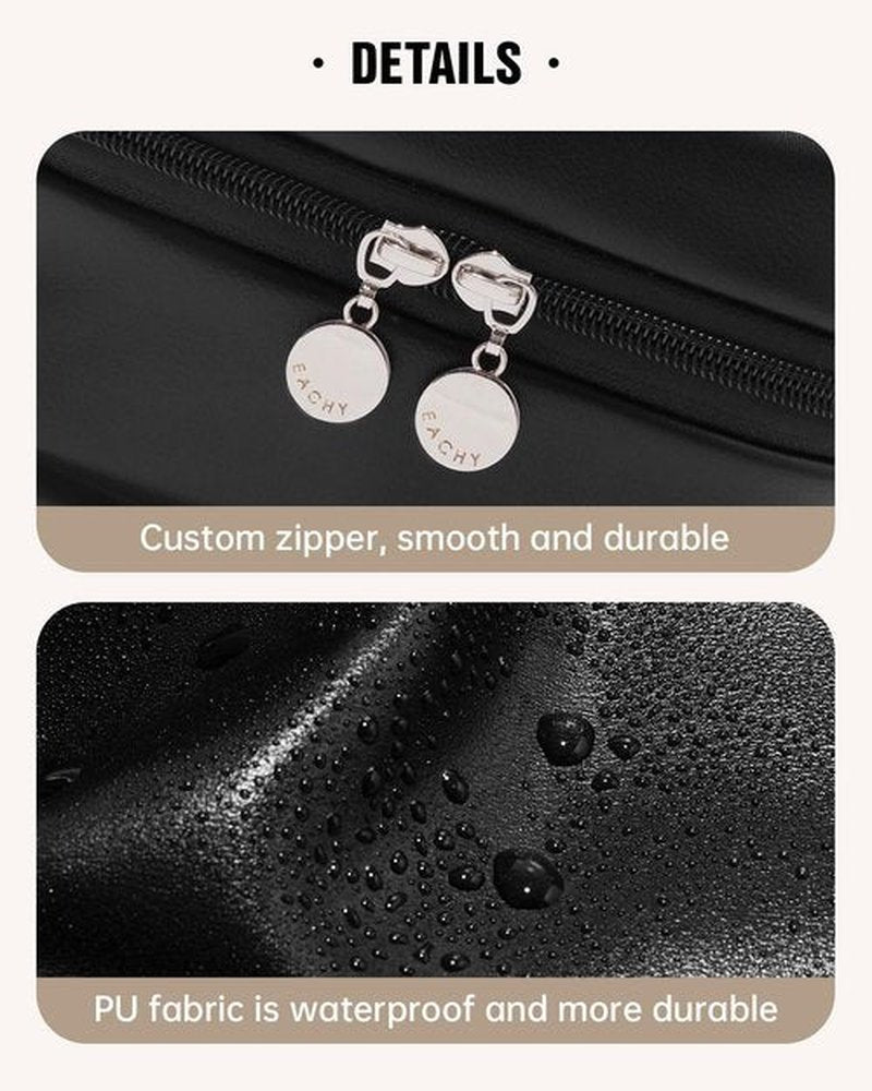 EACHY Travel Makeup Bag, Large Capacity Cosmetic Bags for Women, Waterproof PU Leather Make Up Bag with Makeup Brush Organizer (Black)